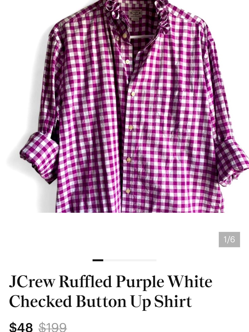 JCrew Ruffled Purple White Checked Button Up Shirt